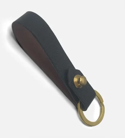 Black Goat Leather Loop Style Key Fob With Natural Brass Key Ring and Snap Hook To Open For Valet. Additional Ring is available for purchase